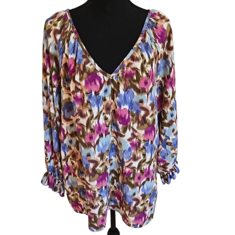 First Love By Lovelyn Womens Watercolor Floral V-neck Blouse Multicolor Large